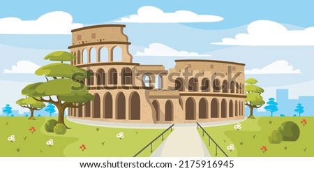 Vector illustration of a beautiful summer park with a historic coliseum. Cartoon urban landscape with historical buildings, trees, path, flowers and city in the background.