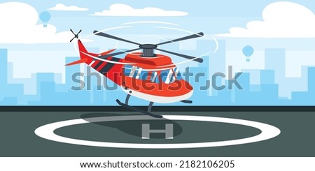 Vector illustration of a beautiful helipad. Cartoon urban buildings with landing helicopters and city in the background.