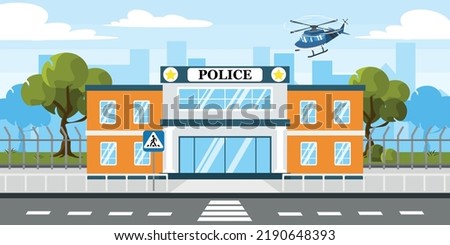 Vector illustration of modern police station. Cartoon urban buildings with landing helicopters, fences, trees and a city in the background.