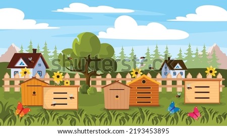 Vector illustration of beautiful apiaries. Cartoon mountain landscape with garden, bee hives, bees, flowers, butterflies, forest, houses.