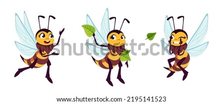 Vector illustration of a cute and beautiful bumblebee on white background. Charming characters in different poses joyful, throwing off leaves, frightened in cartoon style.