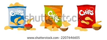 Set of colorful potato chips in cartoon style. Vector illustration of snacks with different sauces and flavors on white background.