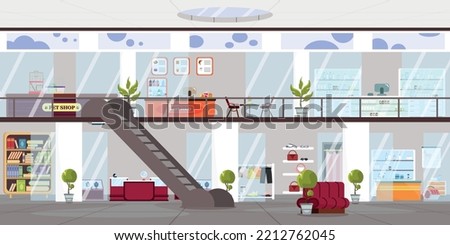 Vector illustration of modern interior shopping center. Cartoon interior with pet stores, fast food, pharmacy, library, jewelry store, clothing store, veterinary pharmacy, waiting sofas, escalator.
