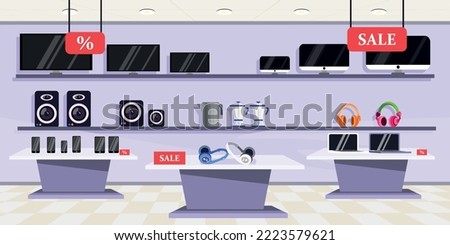 Vector illustration of modern interior home appliances store. Cartoon interior with counters and shelves with monitors, electric kettles, speakers, headphones, phones, laptops.