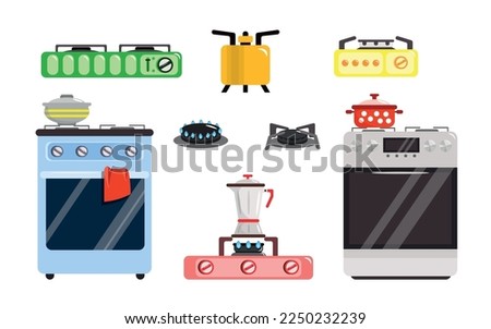 Set of modern gas stoves in cartoon style. Vector illustration of domestic and portable stoves with extinguished and kindled fire on white background.