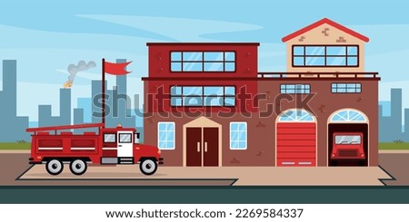 Vector illustration of a beautiful fire station.Cartoon fire station with a red fire engine. Facade of a fire department with a silhouette of a burning house. Emergency