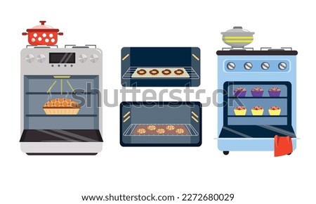 Set of gas ovens in cartoon style. Vector illustration of pans on a gas stove, ovens with baked goods: pie, muffins, donuts, cookies isolated on a white background. Preparation of dough.