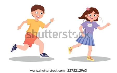 Vector illustration of cute running children. Cartoon scene with a smiling boy and girl playing a game of catch-up isolated on white background.