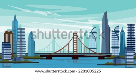 Vector illustration of New York bridge in cartoon style. Beautiful view of high-rise buildings near the river. Bridge connecting two banks. Developed infrastructure of a big city.