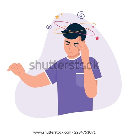 Vector illustration of a guy with dizziness, feeling unwell. Cartoon scene with a guy who is dizzy, spinning his head isolated on a white background. Vertigo