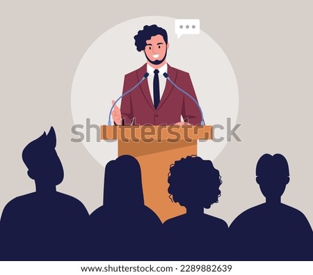 Vector illustration of the speaker from the podium. Cartoon scene with a speaker giving a speech from a lectern with microphones in front of an audience isolated on a white background.