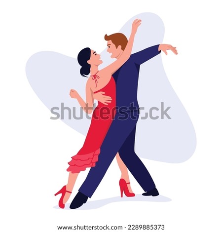 Vector illustration of tango dancers. Cartoon scene with tango dancers, a girl in a red dress on heels and a guy in an elegant suit isolated on a white background.