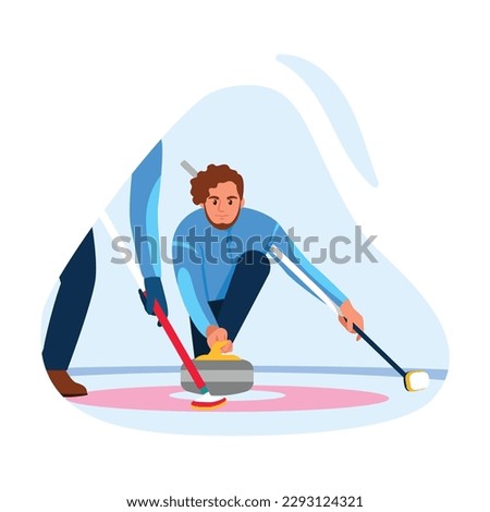 Vector illustration of curling game. Cartoon scene with a man playing curling on the ice and launching the puck with the help of brushes to the target isolated on a white. A game on ice between teams.