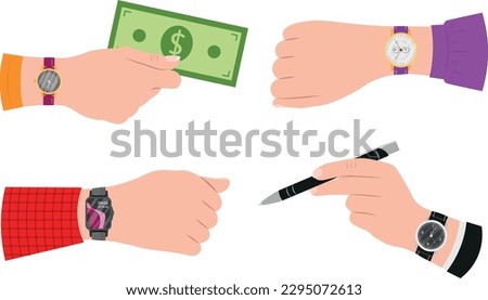 Set of hands with different gestures in cartoon style. Vector illustration of male and female hands holding money, pen with watch on wrist isolated on white background. Giving a bribe.