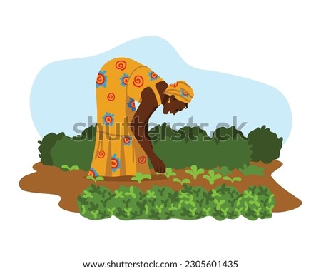 Vector illustration of an African woman working in the field. Cartoon scene with a woman in colorful clothes, a dress and a headdress with patterns working in the field isolated on a white background.