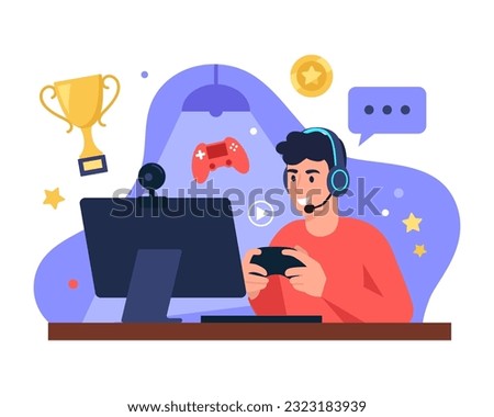 Vector illustration of a guy playing video games. Cartoon scenes with a smiling guy sitting in headphones at a computer, holding a joystick and playing video games, will receive awards, pass levels.