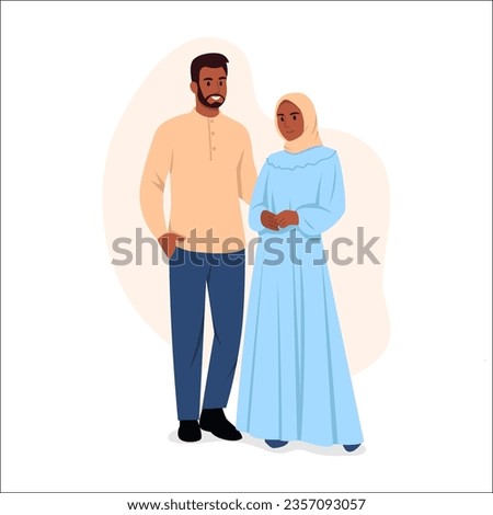 Vector illustration of a happy Muslim family, man and woman isolated on white background. Cartoon scene of handsome and smiling, tanned Muslim men with beards and women dressed in traditional clothes.