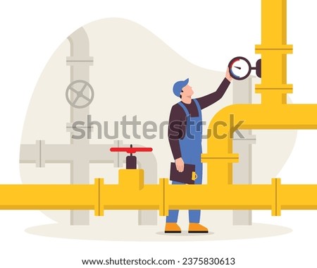 Vector illustration of an inspector checking gas pipes. Cartoon scene with inspector holding folder and checking timer for pressure, gas pipes with faucet isolated on white background.