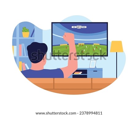 Vector illustration of a back view of a boy watching football. Cartoon scene of a guy - a fan sitting on the sofa and watching football on TV and happy that the enemy team scored a goal .