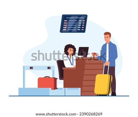 Vector illustration of airport check-in. Cartoon scene of a man standing at an airport check-in desk with a signboard, showing his documents, checking a suitcase isolated on a white background.