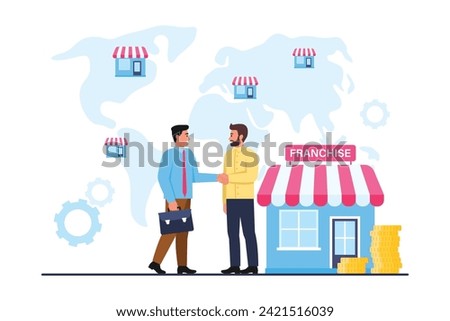 Vector illustration of concluding a franchise agreement. Cartoon scene of men concluding a franchise agreement between a brand owner and a buyer and a world map isolated on a white background.