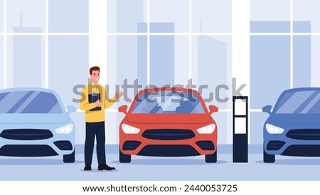 Vector illustration of car showroom. Cartoon scene of smiling male car dealer with paper tablet presenting and selling various new blue and red cars in car dealerships. Professional car salesman.