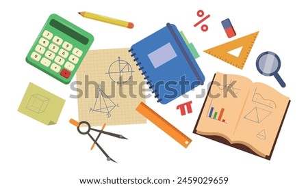 Vector illustration of educational supplies, taking notes on geometry. Cartoon scene of notebooks, open notebook with geometric notes, various stationery: rulers, compass, calculator, eraser, pencil.