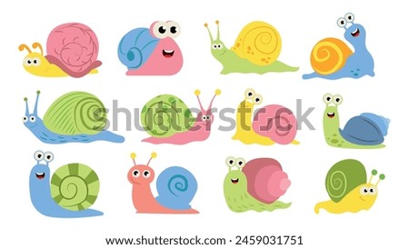 Set of funny snails in cartoon style.Vector illustration of colored snails of different shapes and emotions, shells decorated with patterns,a pair of antennae,big eyes isolated on a white background.