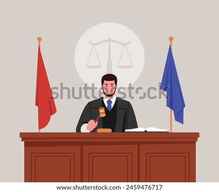 Vector illustration of a male judge. Cartoon scene of a judge in a robe, holding a wooden gavel, sitting at the judge's table, an open book, red and blue flags, scales of justice, measures.