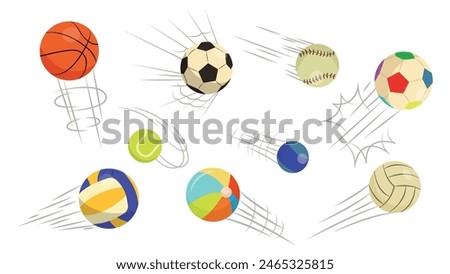 Set of beautiful balls in flight in cartoon style.Vector illustration of various sports balls flying: basketball, volleyball, soccer, tennis, baseball,handball,water polo isolated on white background.