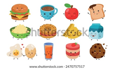 Set of kawaii food in cartoon style. Vector illustration of characters with emotions and poses: burger, cup of tea,apple,sandwich,plate of porridge,bagel,cheese,milk, eggs, juice, panna cotta, cookie.