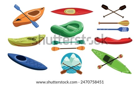 Set of different kinds of boats with oars in cartoon style. Vector illustration of boats and oars decorated with patterns: canoe, kayak, inflatable boat and rafting logo isolated on white background.