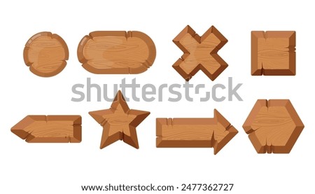 Set of wooden signs in cartoon style. Vector illustration of beautiful symbols of different shapes: circle, oval, cross, square, left and right arrows, star, hexagon isolated on white background.