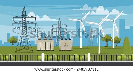 Vector illustration of landscape with electricity distribution elements.Cartoon scene of electrical grid system: high voltage towers, wind turbines, silhouettes of city buildings, trees,bushes, fence.