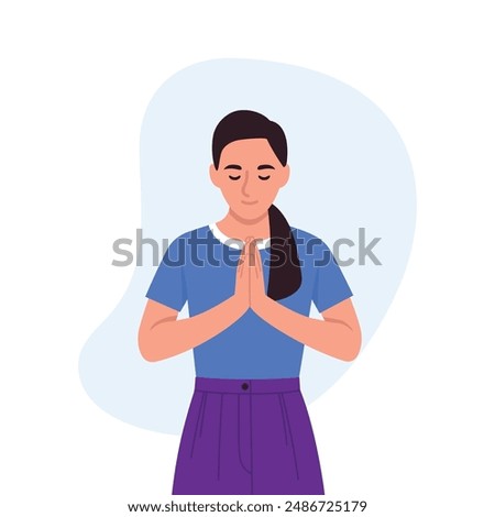 Vector illustration of a girl praying. Cartoon scene of a young girl with closed eyes, hands folded in prayer, wearing a t-shirt and pants isolated on a white background. Religion. Christianity.