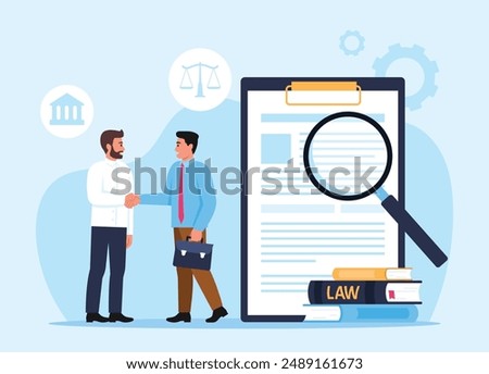 Vector illustration of successful contract conclusion.Cartoon scene of business partners shaking hands after concluding a contract,a tablet for papers,books with the writing - law,a magnifying glass.