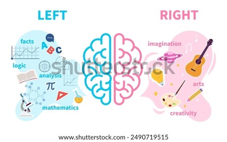  Vector illustration of the right and left hemispheres of the brain. Cartoon scenes of the left hemisphere of the brain: facts, logic, analysis, mathematics; rights: imagination, art, creativity.