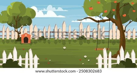 Vector illustration of a beautiful summer landscape with a swing. Cartoon scene of a rural landscape with a blue sky and clouds,a light fence, green trees, an apple tree,a swing, a dog house,flowers.