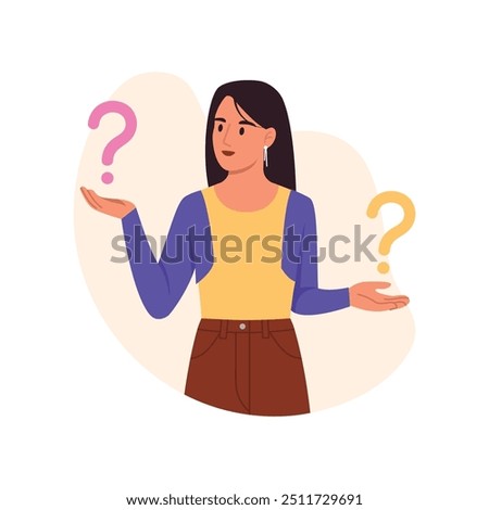 Vector illustration of a girl facing a choice.Cartoon scene of a girl thinking about a choice, with two question marks,wearing a t-shirt, skirt,earrings,with dark hair isolated on a white background.