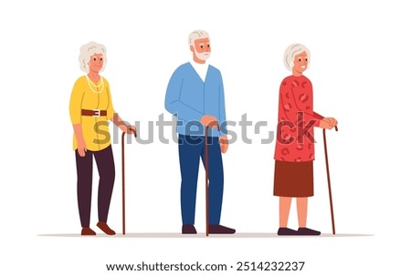 Vector illustration of stylish seniors. Cartoon scene of an elderly man and woman with gray hair, canes, wearing a jacket with a belt,pants,a blue cardigan and trousers,a leopard print jacket, skirt.