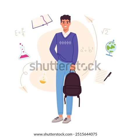 Vector illustration of a teenager studying. Cartoon scene of a slender guy with a briefcase,dressed in a shirt,vest, pants, sneakers. Math formulas, a book, chemical flasks, a globe, a pen with notes.