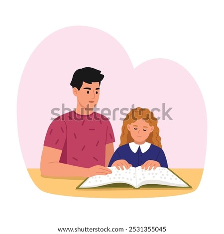 Vector illustration of a blind girl reading a book. Cartoon scene of a blind girl sitting at a table and reading a braille book under the supervision of her father isolated on white background.