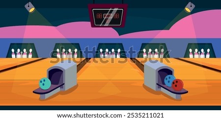 Vector illustration of a bowling club. Cartoon scene of a beautiful interior of a bowling alley, a game of hitting a ball in a pin, spotlights with a beam of light, a scoreboard with numbers.Leisure.