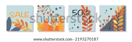 Thematic images of autumn promotions and black friday. Sale and low prices -50% off vector set of design illustrations. Drawings in the style of autumn, leaves, grass, sun, cones and mushrooms