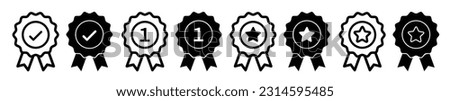 Rosette icon set with 1, tick and star. First prize icon. Premium quality ribbon. Best, high standard or top quality product vector symbols.