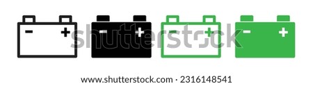 Car battery icon set in black and green color. Portable electric battery sign for car, truck, or auto.