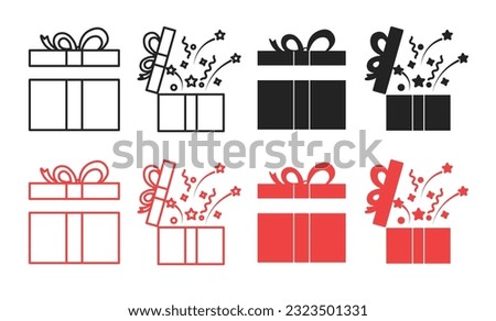 Christmas open gift box icon set in black and red color. Mystery magic boxes icons. Simple surprise present parcel vector symbols with ribbon.