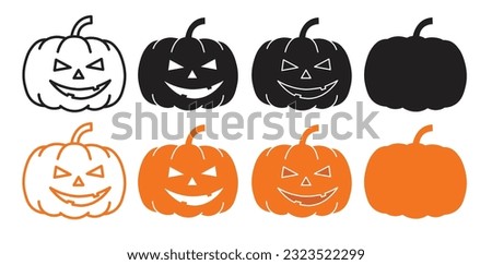 Halloween pumpkin icon set in black and orange colors. Simple pumpkin vector line drawing in filled and outlined style.