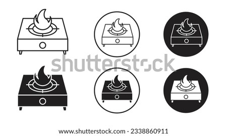 Gas stove with fire vector icon set. commercial kitchen burner or stove  vector symbol in black color in fill and line style.