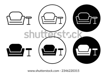 Airport lounge vector icon set with armchair. waiting room luxury couch vector symbol in black color.